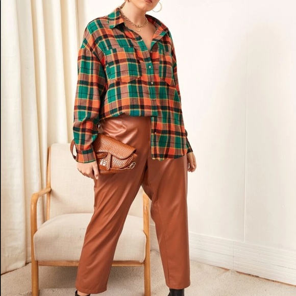 Women’s Plaid Green & Orange Drop Shoulder Blouse - Picture 5 of 5